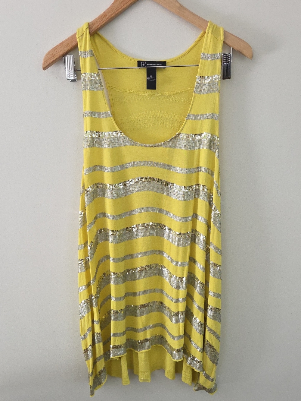 INC International Concepts Yellow Chartreuse Tunic with Silver Sequined Stripes